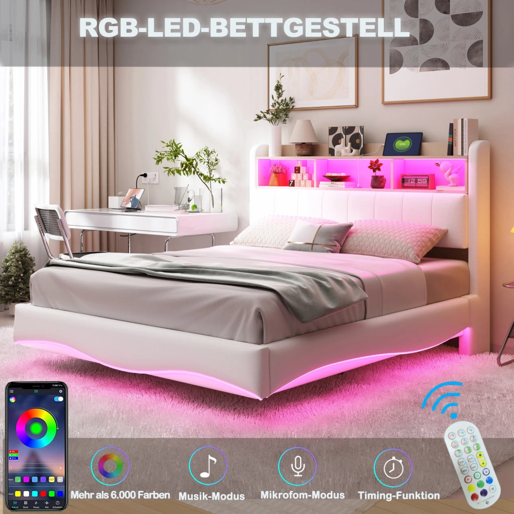 Letto imbottito 140 × 200 cm con LED USB e Type-C testiera con vano contenitore in tessuto beige