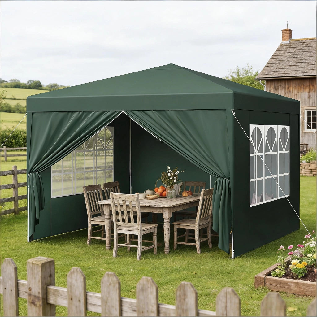 Gazebo pieghevole 3 × 3 m con pareti laterali avvolgibili; tetto Oxford 210D impermeabile verde regolabile in altezza