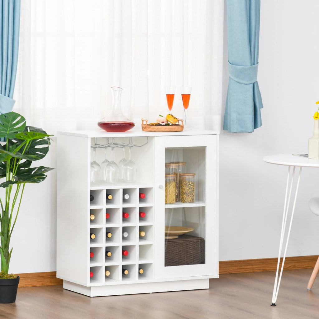Mobiletto Portabottiglie per Vino con Porta Calici e Armadietto, Cantinetta 20 Bottiglie Bianco, Robusto per Casa, 80x36x85 cm