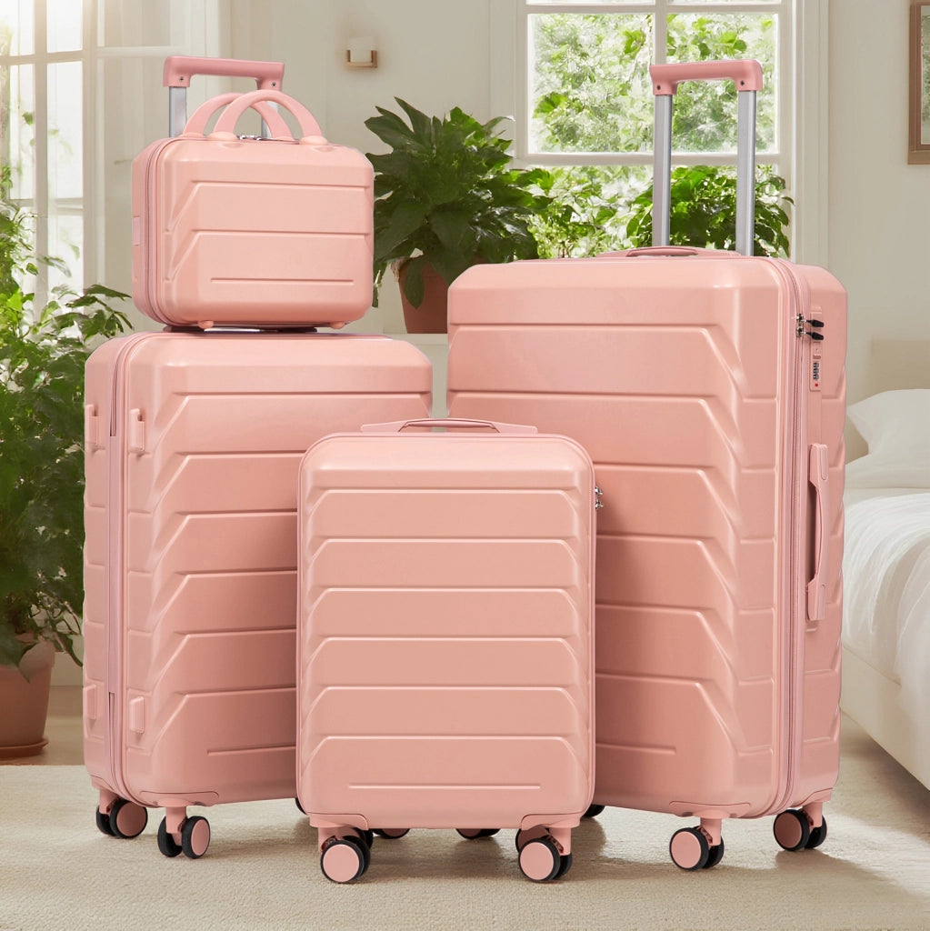Set di valigie rigide rosa in ABS, 4 pezzi con ruote girevoli