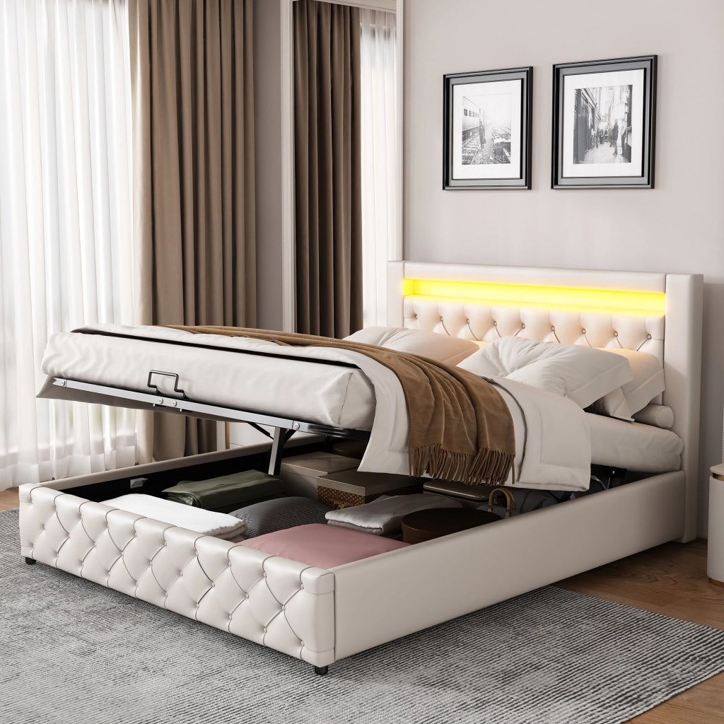 Letto matrimoniale imbottito 140x200 cm con rete a doghe; contenitore e LED; bianco in PU