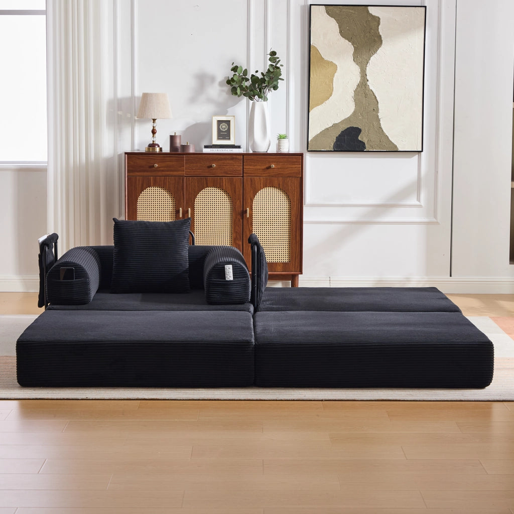 Poltrona modulare con pouf - con tasca laterale e cuscino - in ciniglia nera