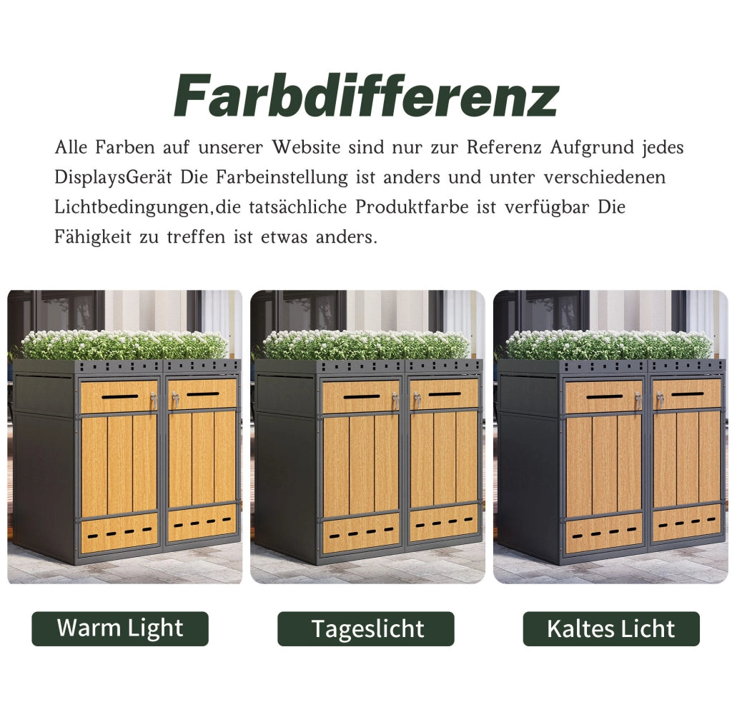 Cassonetto porta rifiuti in acciaio zincato con tetto coltivabile effetto legno per 4 bidoni da 120-240 L