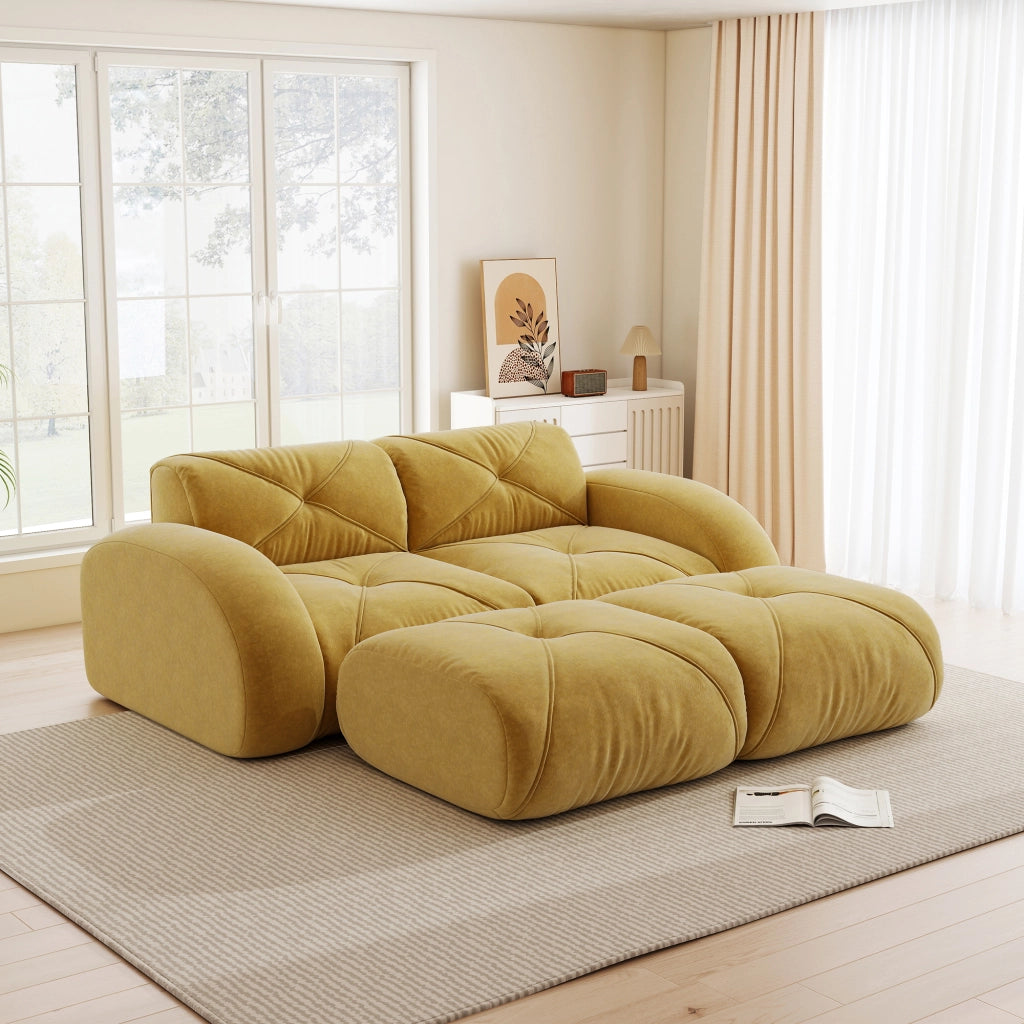 Divano modulare 2 posti con 2 pouf; senza struttura; per soggiorno; in chenille gialla