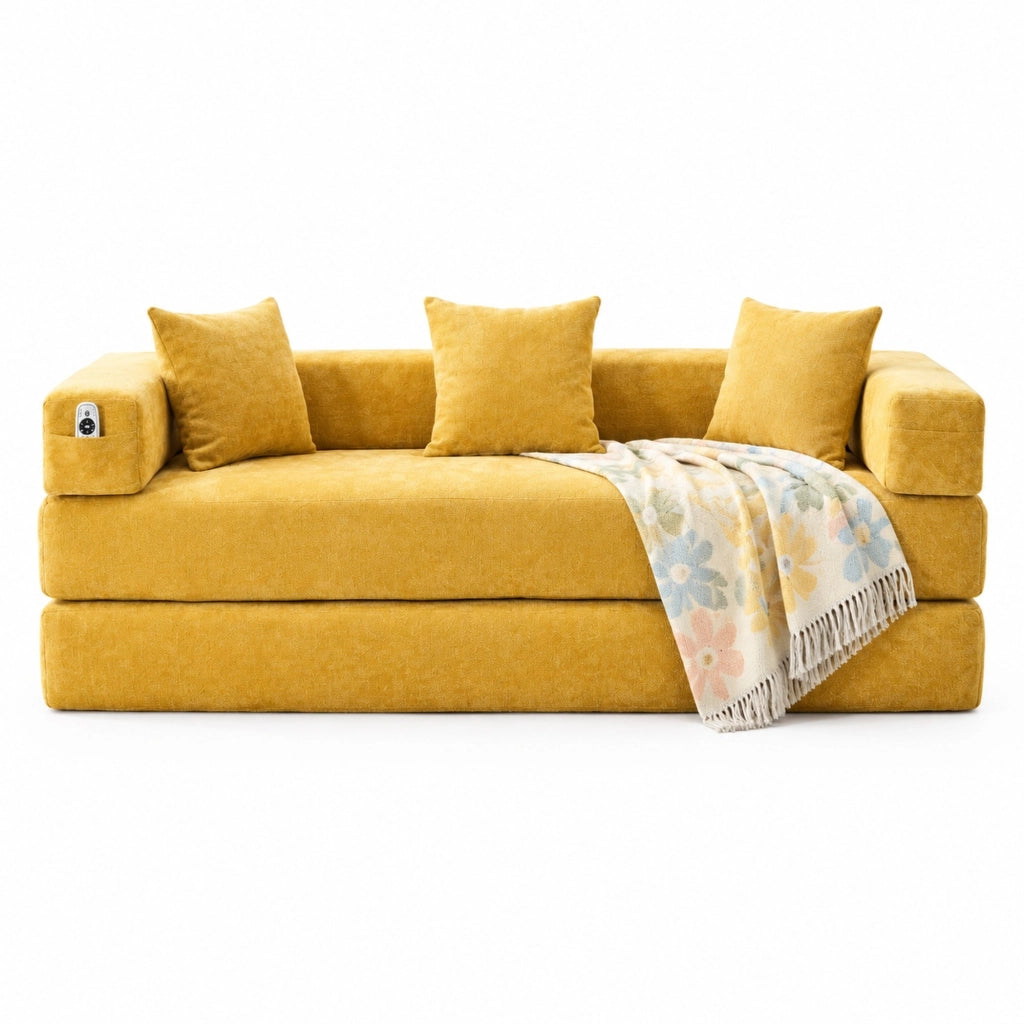 Divano modulare 198x79x60 cm in ciniglia gialla con tasche laterali