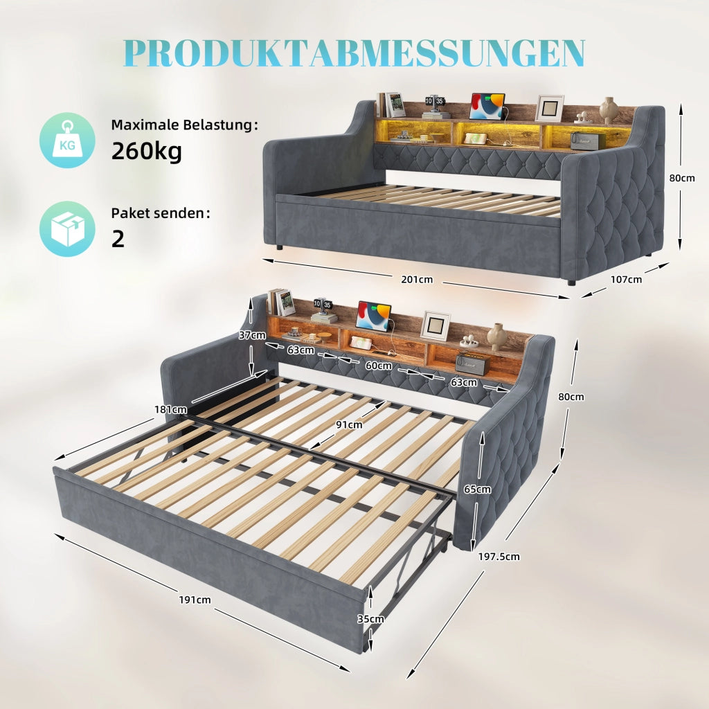 Letto divano estraibile 90 × 190 cm con LED, USB, Type-C e testiera contenitore, senza materasso, grigio scuro