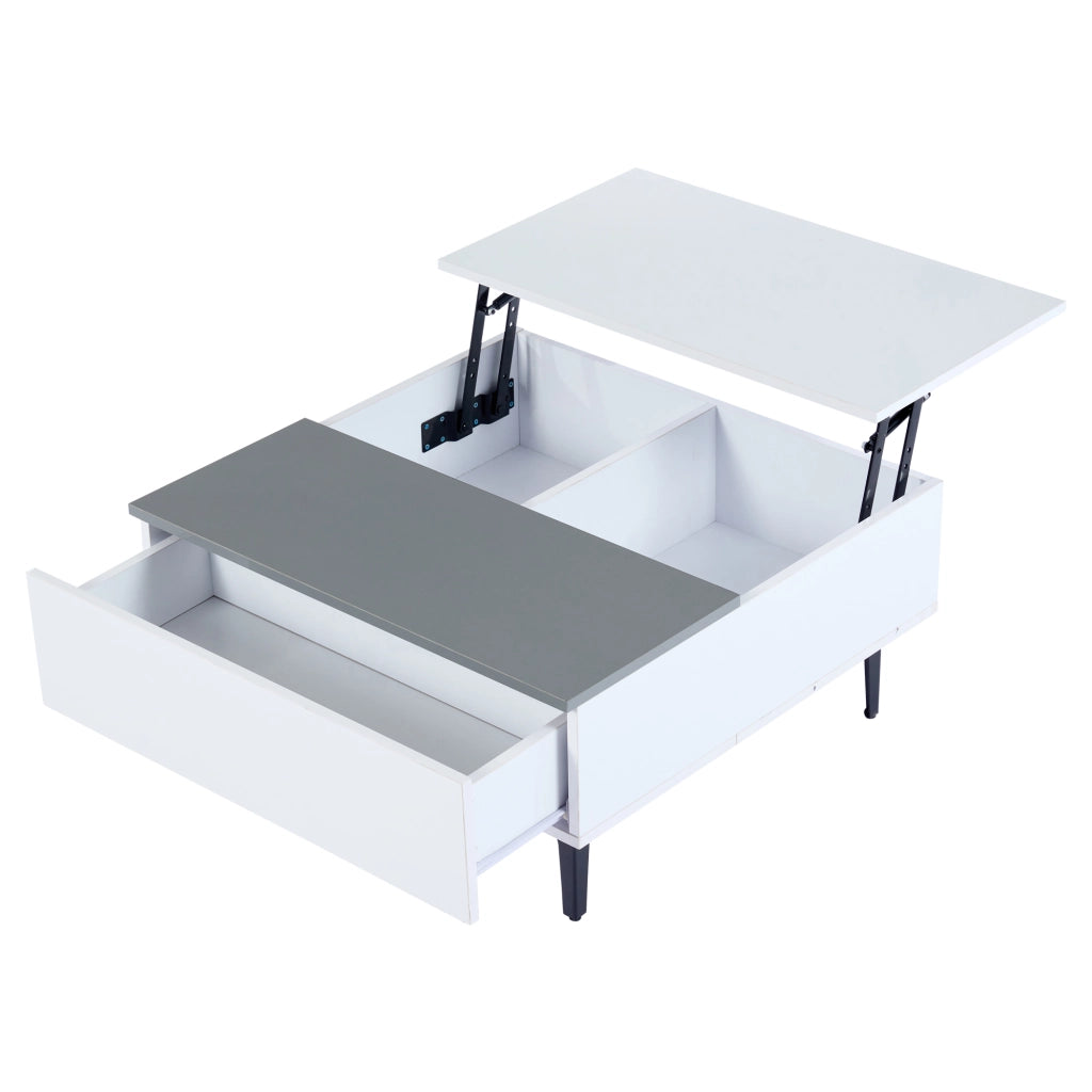 Tavolino basso alzabile con vano e cassetto LED in MDF bianco e grigio piano regolabile 70 × 70 × 35 cm