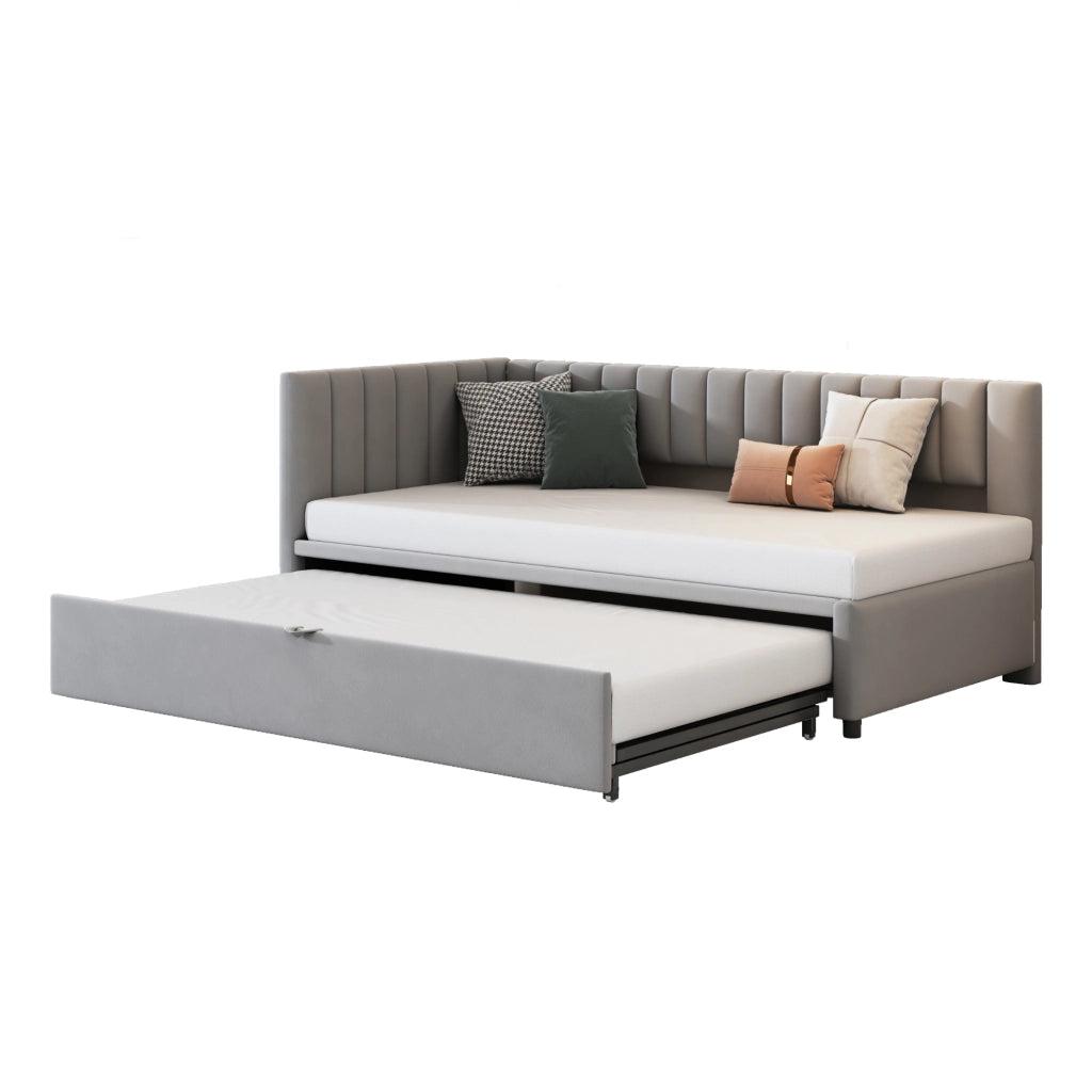 Divano letto 90 × 200 cm con letto estraibile a L rivestito in velluto grigio con schienale e testiera