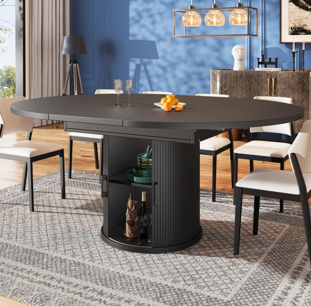 Tavolo da pranzo allungabile nero con vano contenitore, 118-158 x 118 x 76,8 cm