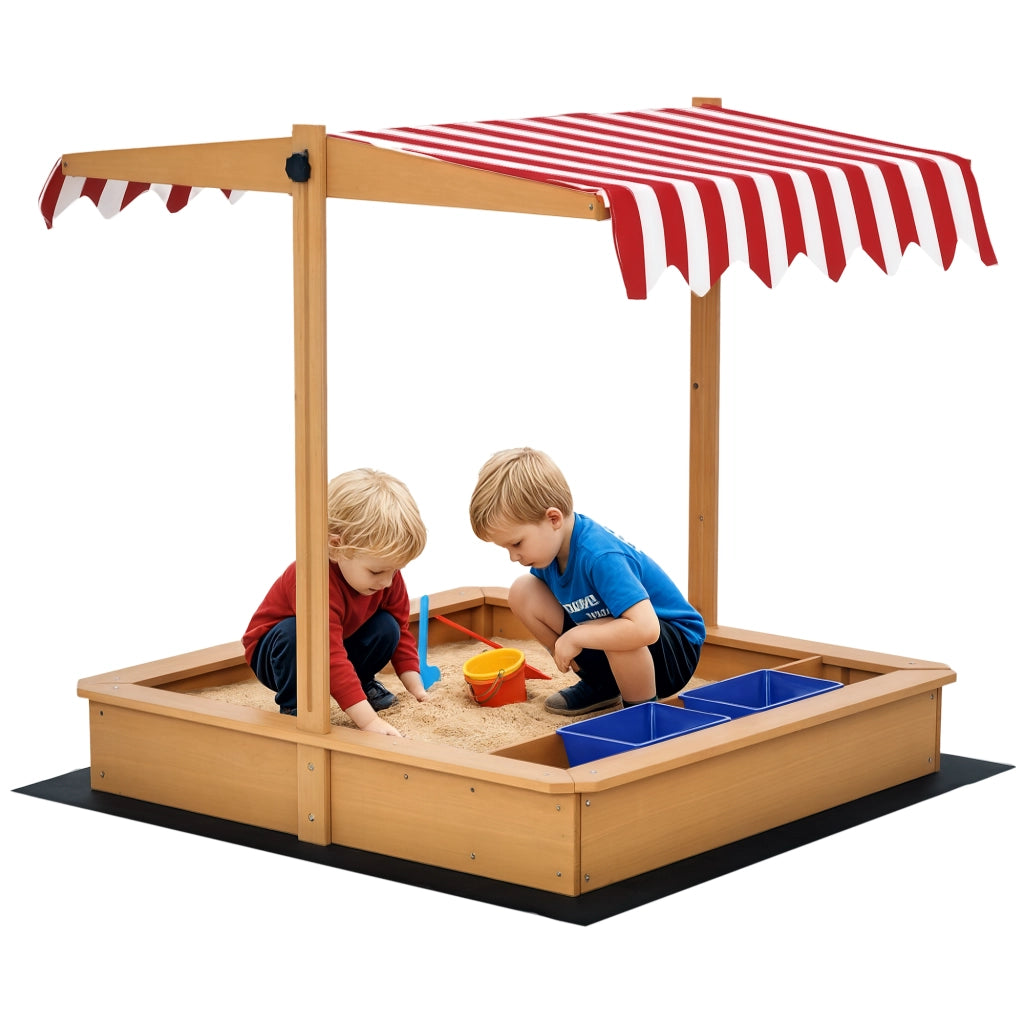Sabbiera per Bambini in Legno con Tettuccio Regolabile, Sedute e Vaschette, 107.5x107.5x100 cm