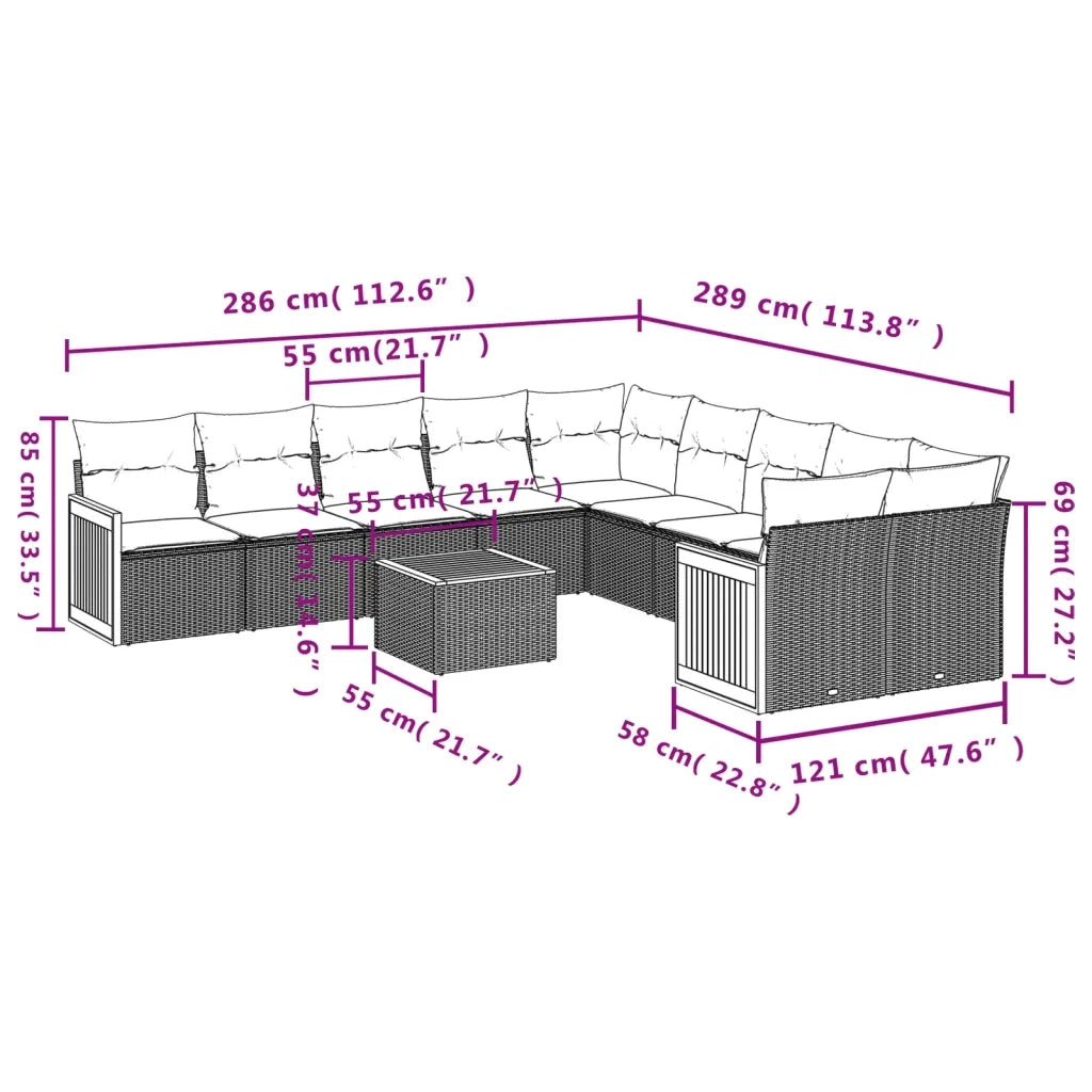 Set Divani da Giardino 11 pz con Cuscini in Polyrattan Nero 3260439