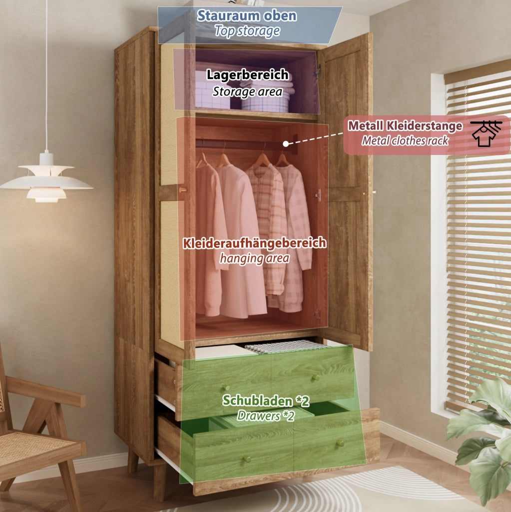 Armadio guardaroba in MDF con effetto legno scuro e ante in rattan, 80x50x180 cm, con appendiabiti, ripiani e 2 cassetti