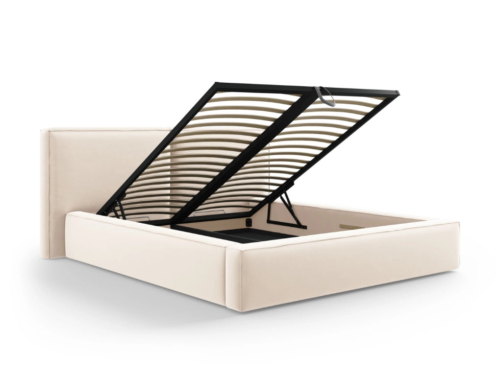 Cosmopolitan Design - Letto a cassettone con testiera doppia "Arendal" 180x200cm in velluto beige chiaro 