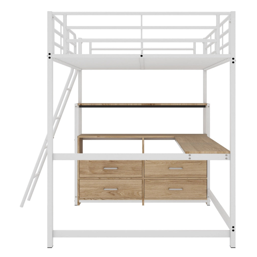 Letto a soppalco bianco 140x200 cm in metallo e MDF con scrivania a L e cassetti