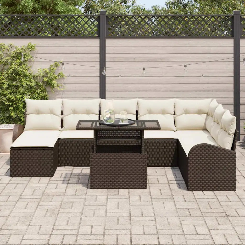 Set Divano da Giardino con cuscino 9 pcs Marrone e crema