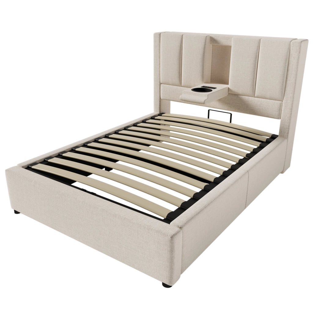 Letto Contenitore 90 x 200 cm; Letto Singolo - USB; Type-C e Portabicchiere - Beige