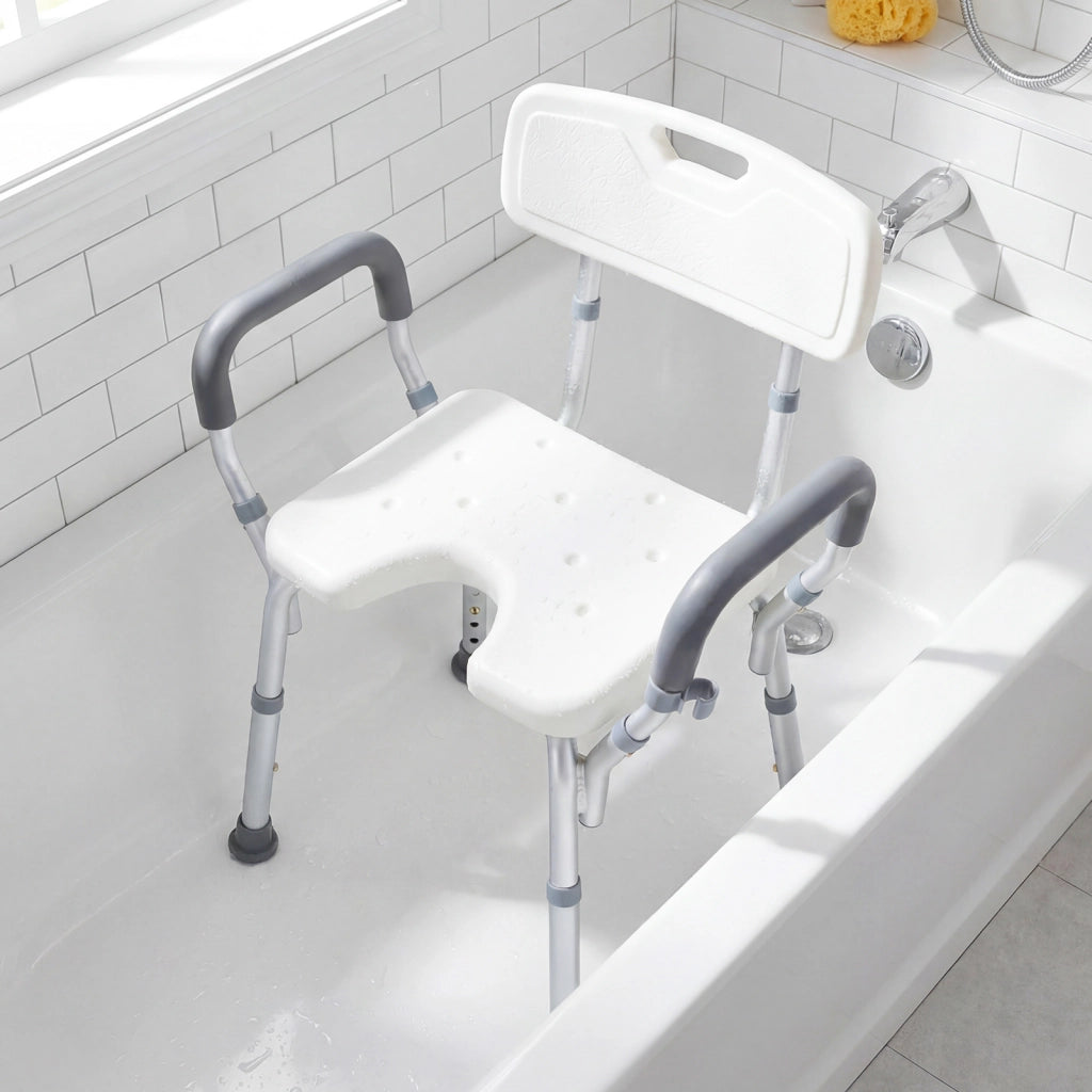 Sedia da doccia antiscivolo braccioli e schienale altezza regolabile, Sgabello da doccia per anziani disabili e gravidanza Bianco