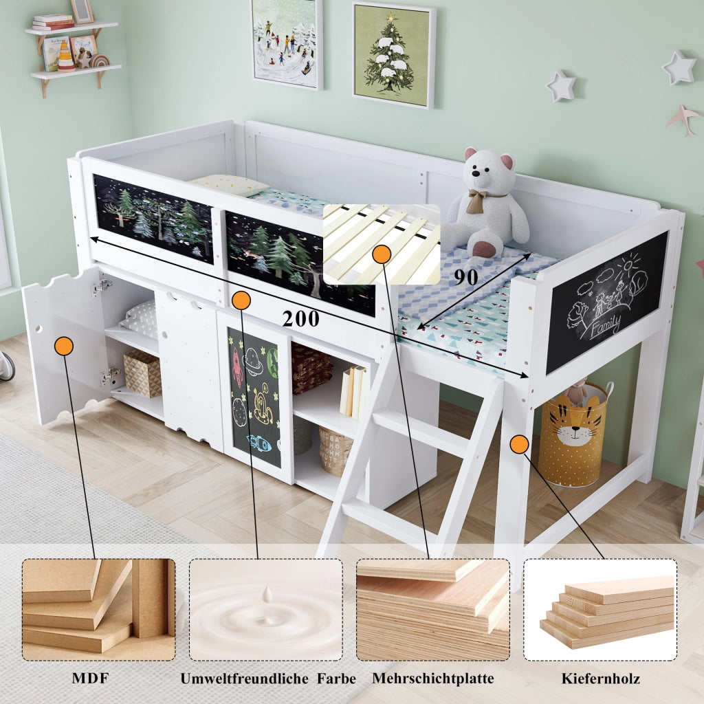 Letto a soppalco per bambini 90 × 200 cm con armadio a 2 ante, lavagna e scala inclinata, senza materasso, bianco
