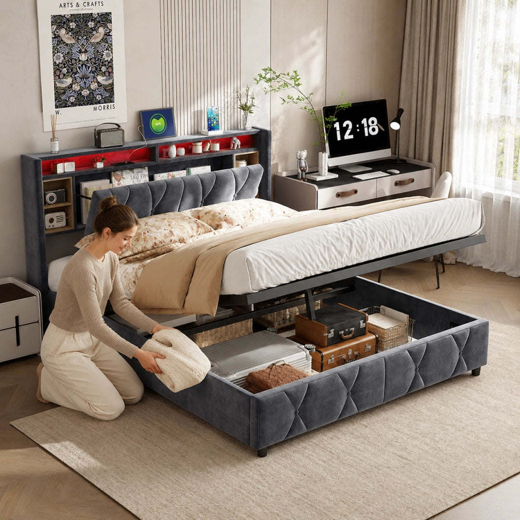 Letto imbottito grigio 160×200 cm, testiera contenitiva multilivello, USB‑C, LED con telecomando, base letto vano idraulico salvaspazio