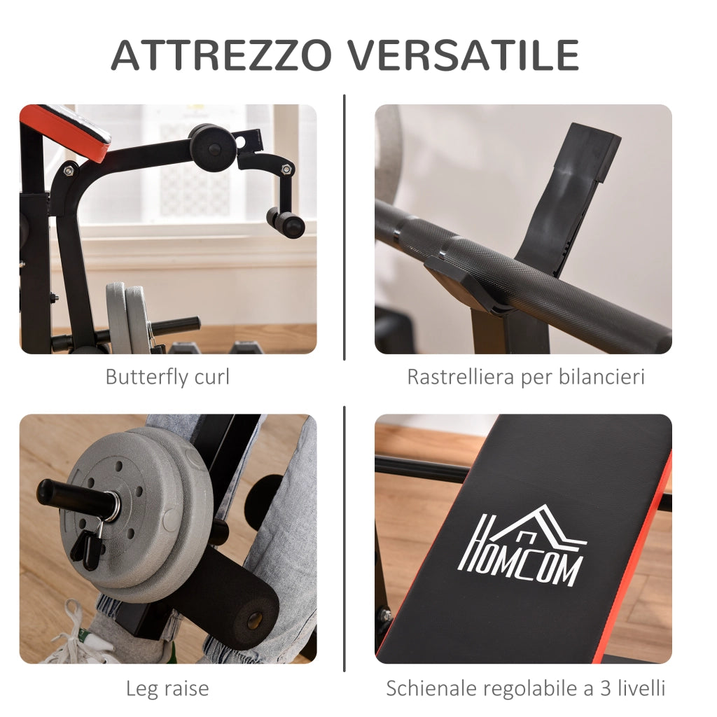 Panca Multifunzione Regolabile con Supporto per Bilanciere, in Acciaio e Plastica, 175x139x127 cm, Rosso e Nero