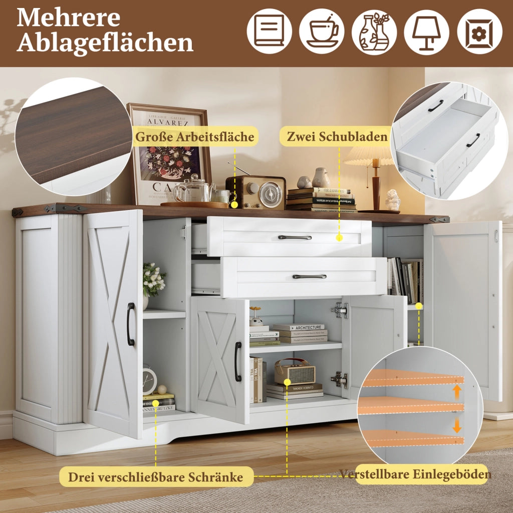 Credenza 160 cm bianca con 4 ante e 2 cassetti