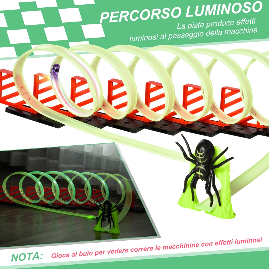 Pista per Macchinine con Effetti Luminosi e Macchinina Inclusa in Plastica Resistente, Gioco per Bambini 3-6 Anni, Verde e Rosso