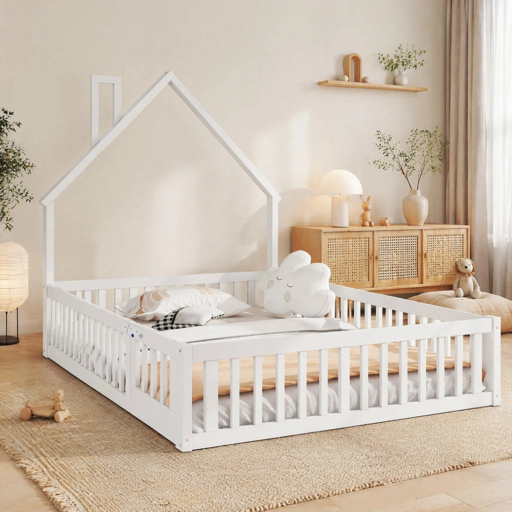 Letto per bambini 140x190 cm con camino, sponde di sicurezza e rete, bianco