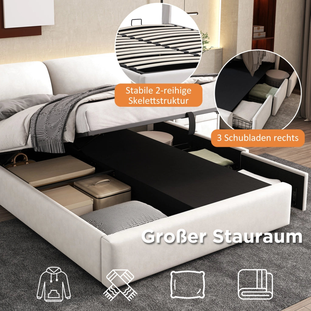 Letto imbottito 140x200 cm con contenitore idraulico; 3 cassetti; rete a doghe e testiera regolabile in velluto beige