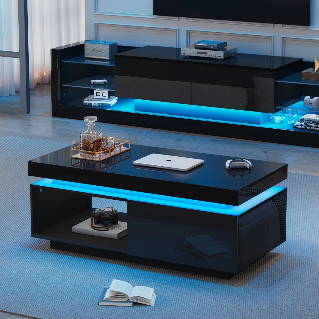 Tavolino da salotto con LED e cassetto in pannello di particelle nero lucido portata 50 kg 100 × 50 × 40.3 cm