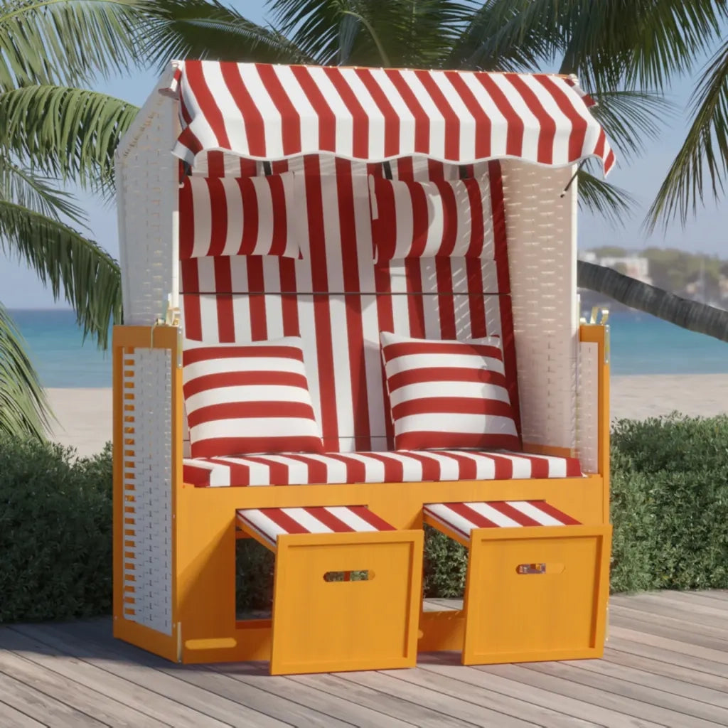 Strandkorb con Cuscini Polyrattan e Legno Massello Rosso Bianco 318665