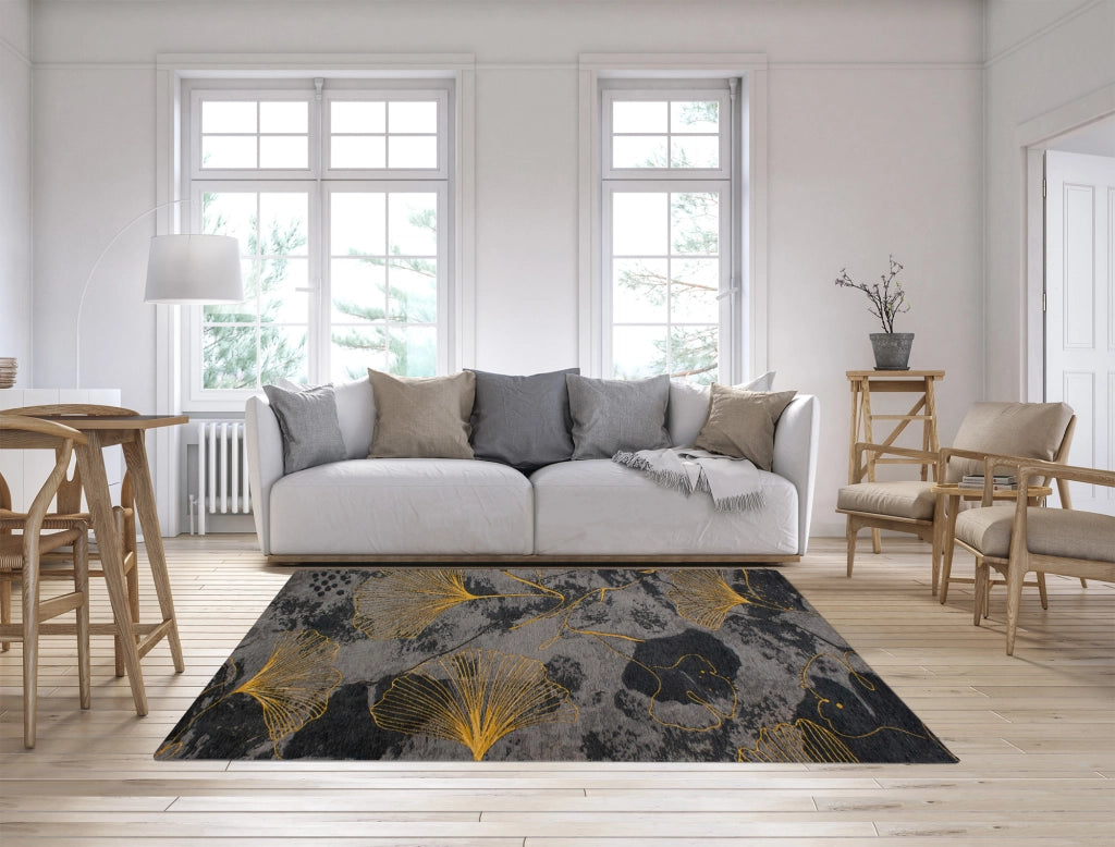 Tappeto Arredo Moderno Morbido in Ciniglia Ingresso Antiscivolo Prodotto Italiano  Soggiorno Camera Salotto Disegni Piazzati Cotone Varie Misure Grande Ginko/Antracite - 80x150 cm
