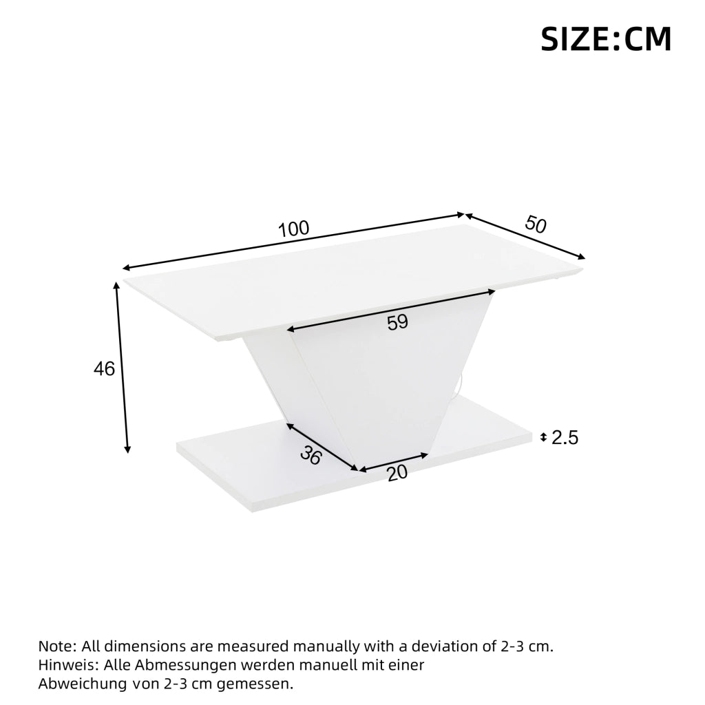Tavolino da salotto a V con illuminazione LED regolabile e piano lucido, per soggiorno, bianco, 100 × 50 × 46 cm