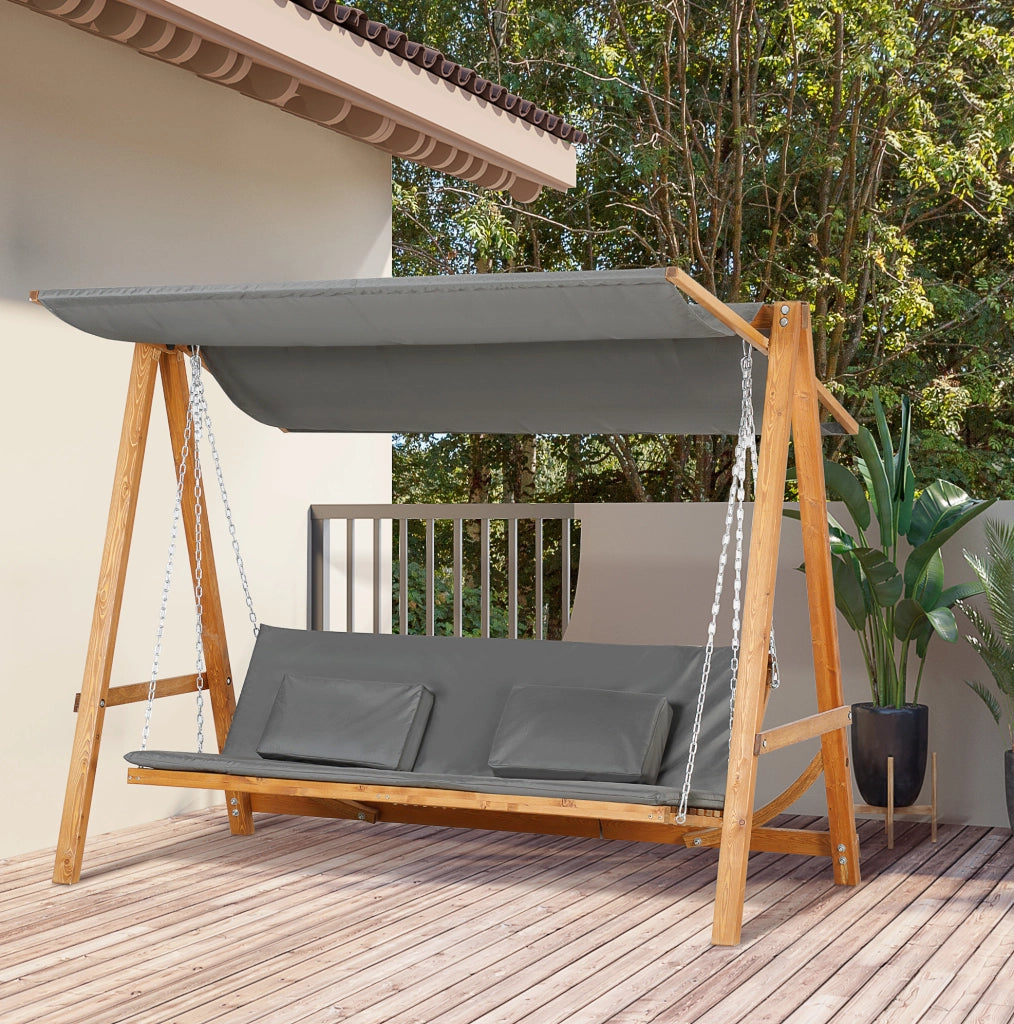 Altalena da giardino 3 posti convertibile in letto; con tettuccio regolabile; legno massello; grigio; 225;5x113x180 cm