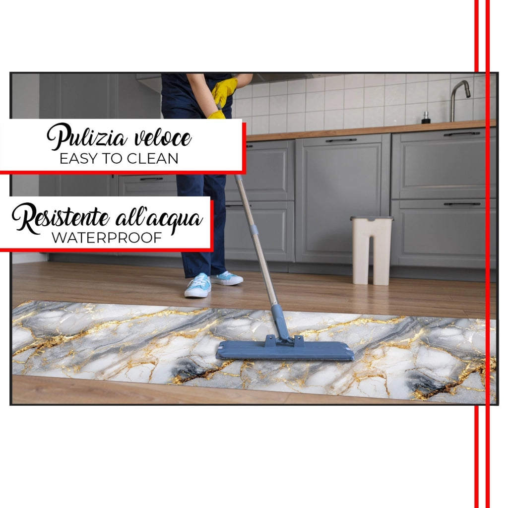 Tappeto Cucina Gomma Stampato Alta Risoluzione HD Antimacchia Antiscivolo Marmo Venato Oro - 51x180 Cm