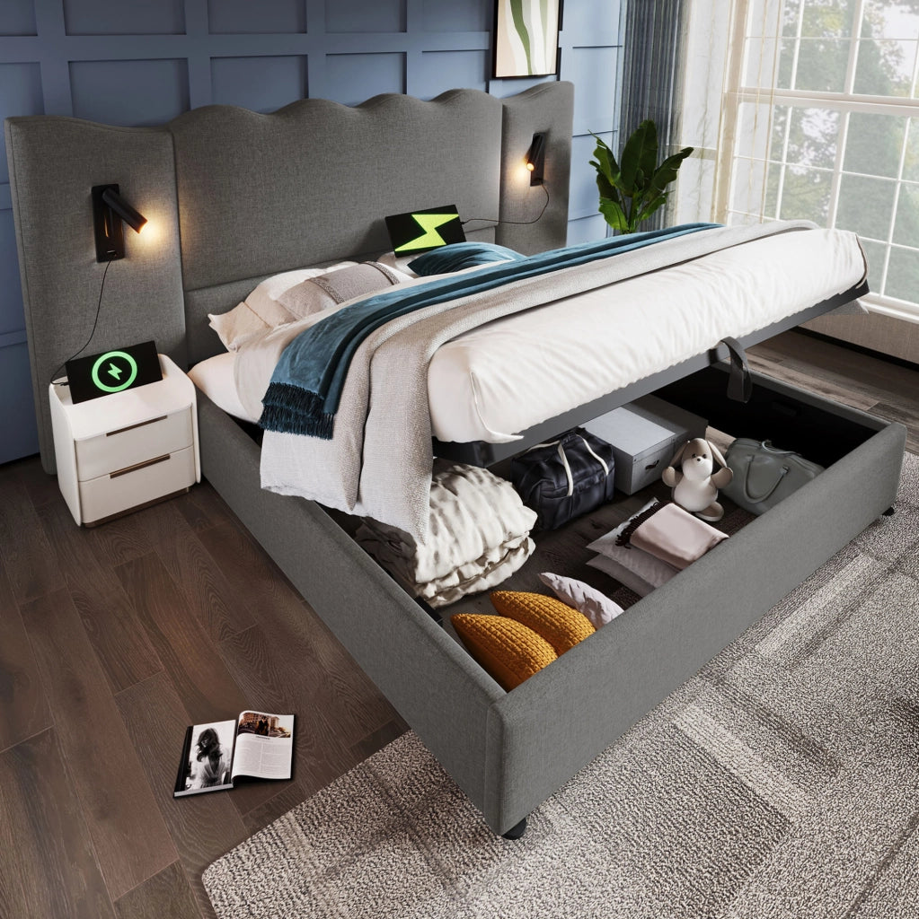 Letto matrimoniale 180x200 cm con contenitore; lampada da lettura e ricarica USB Type-C; grigio in lino