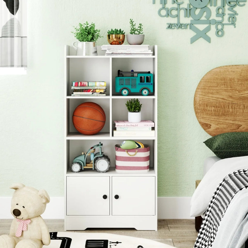 Libreria Autoportante con 5 Vani a Giorno e Mobiletto a 2 Ante, Scaffale Moderno Multiuso Bianco per Casa e Studio, Robusto, 60 x 29 x 120 cm