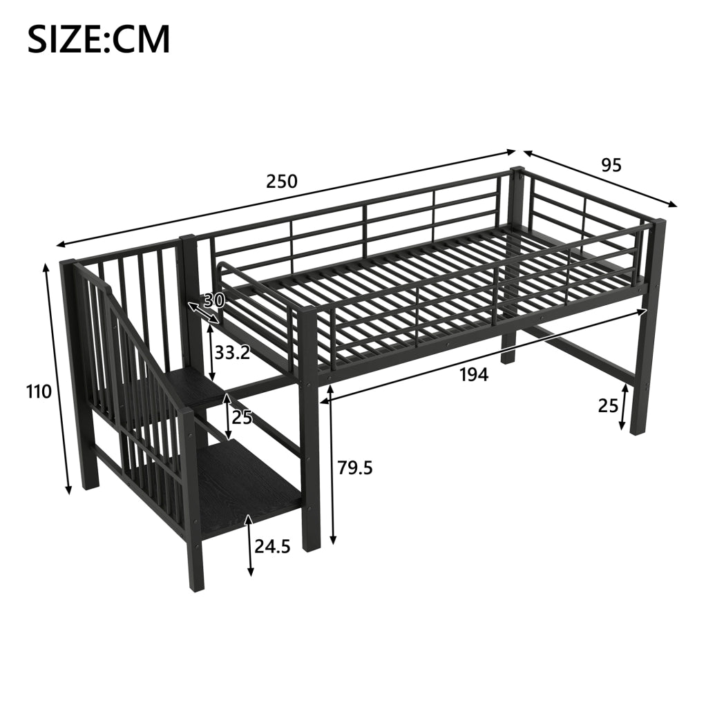 Letto a soppalco per bambini 90x200 cm in metallo nero con scala contenitore