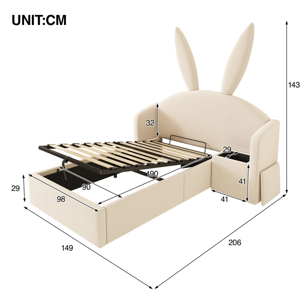 Letto imbottito 90x190 per bambini in velluto beige con testiera a orecchie da coniglio e comodino