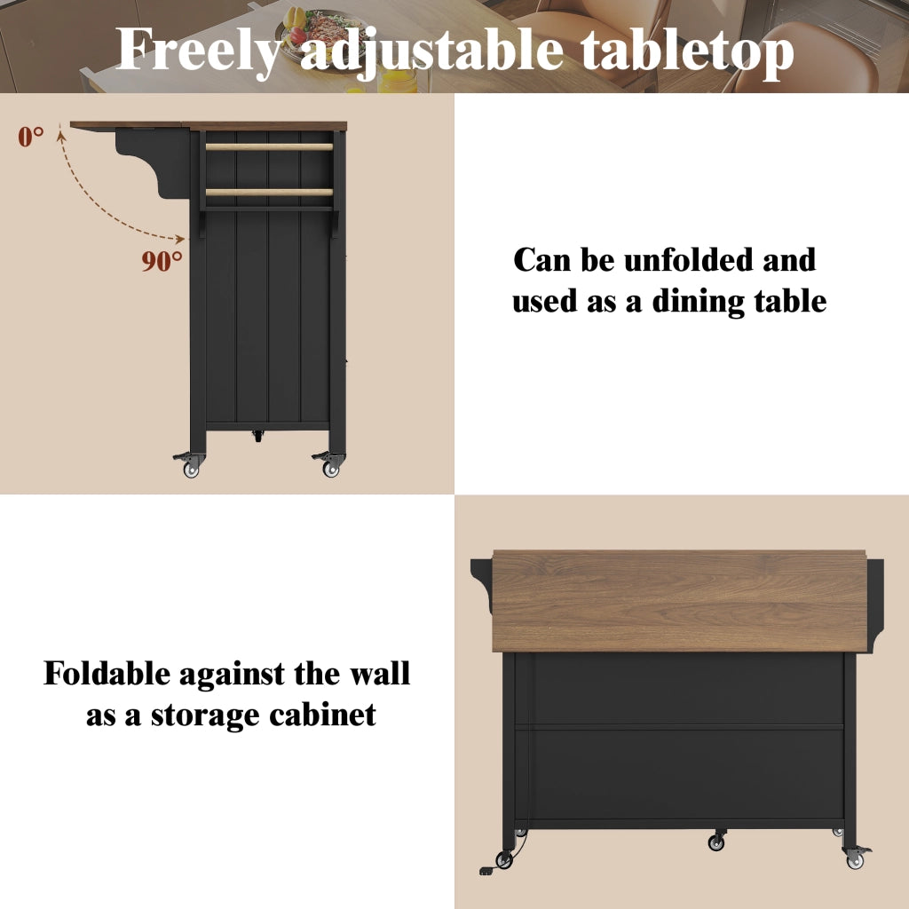 Carrello da cucina con piano pieghevole; 2 cassetti; anta in vetro ondulato; LED; ruote e portaasciugamani nero