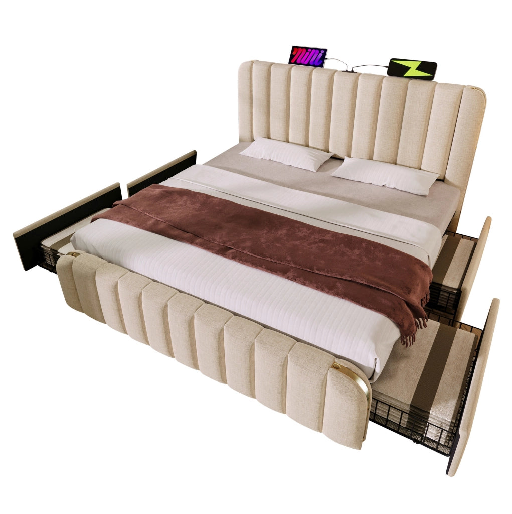 Letto matrimoniale beige 180x200 cm con 4 cassetti, USB e Type-C