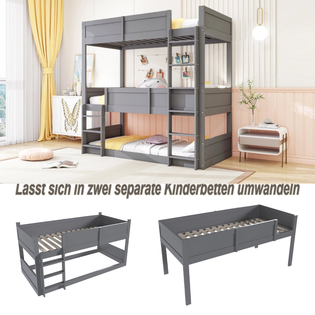 Letto a castello triplo per bambini 90 × 200 cm in legno grigio modulare con sponde alte e tre posti letto