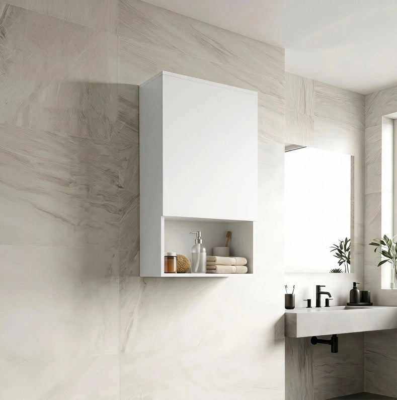 Mobile bagno da parete bianco con anta, ripiani regolabili e vano aperto