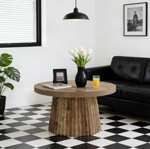 Tavolino da salotto rotondo in MDF con base scanalata, 80 cm, design minimalista
