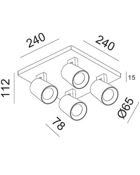 Modo Faretto da soffitto a 4 luci in pressofusione di alluminio colore Nero, attacco GU10, design moderno ed elegante per illuminazione d'interni