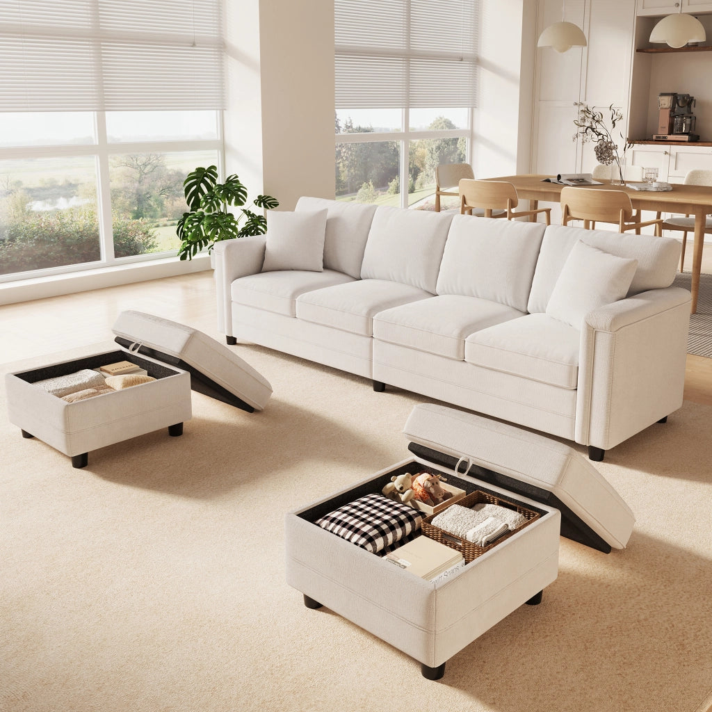 Divano modulare trasformabile a L e U 261 x 134 x 82 cm con due pouf contenitore; ciniglia beige