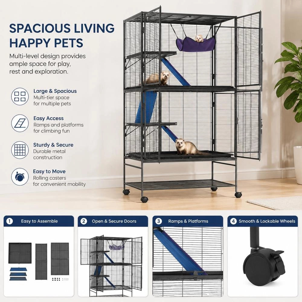 64.6" Rolling Metal Ferret Cage, Large 4-story Critter Nation Cage, Small Animal Cage With Ramps And Tray, Easy To Assemble For Pet Rats, Hamsters, Guinea Pigs, Chinchillas, Squirrels, Hedgehogs, Rabbits