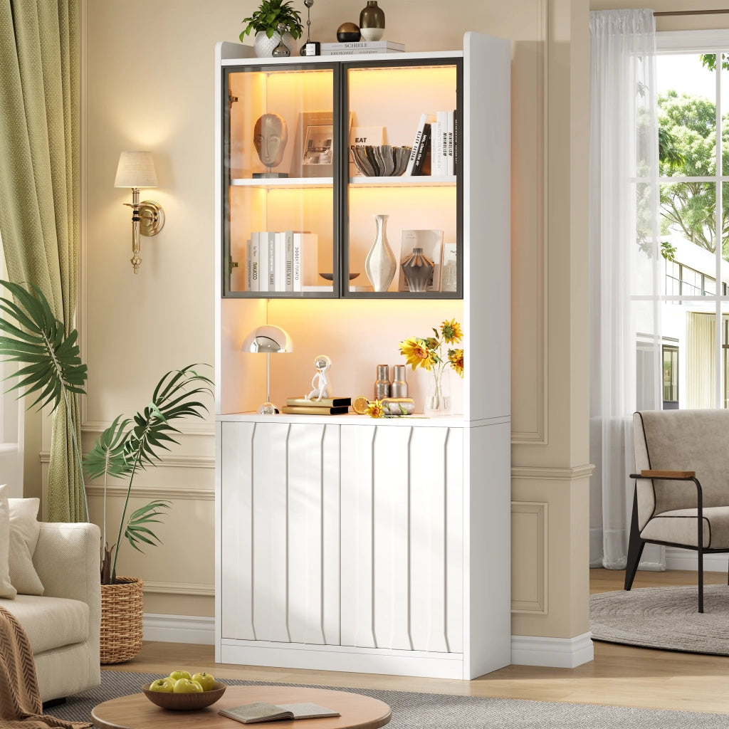 Vetrina con LED, 4 ante, 5 vani e ripiani regolabili per soggiorno e cucina in truciolare bianco, 80 × 35 × 200 cm