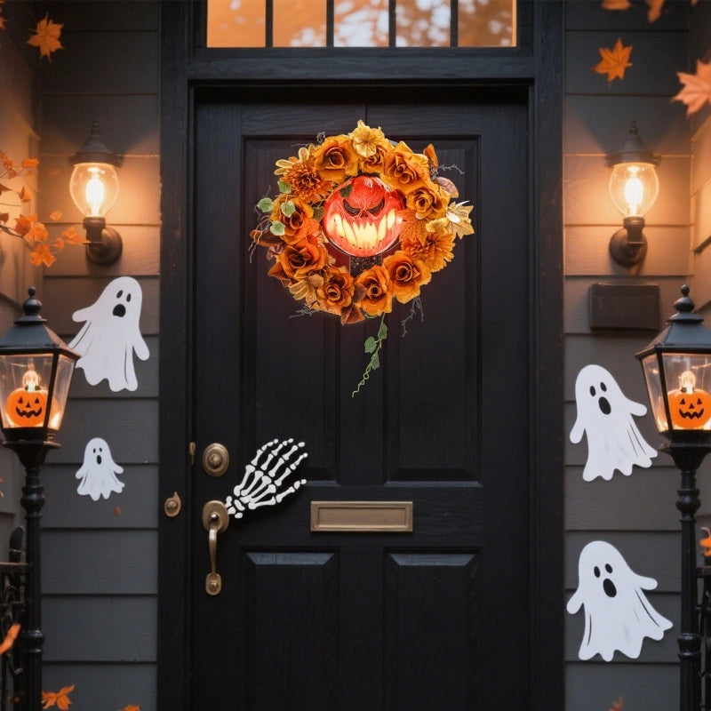 Ghirlanda Halloween da appendere con zucca, 44 LED arancione, 44 × 9 × 44 cm per porta e finestra