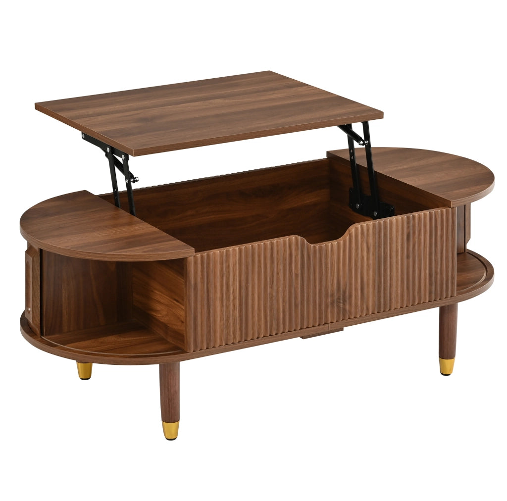 Tavolino da salotto ovale con piano sollevabile idraulico, corpo in MDF e piedi in legno di gomma, con spazio contenitore e ante scorrevoli rigate