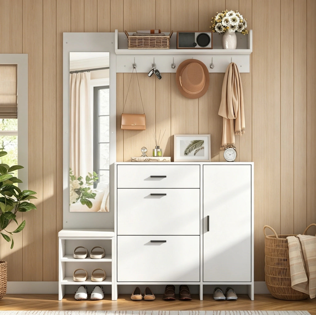 Mobile guardaroba da ingresso con scarpiera; specchio e panca; 140 ¡Á 30 ¡Á 200 cm; MDF bianco